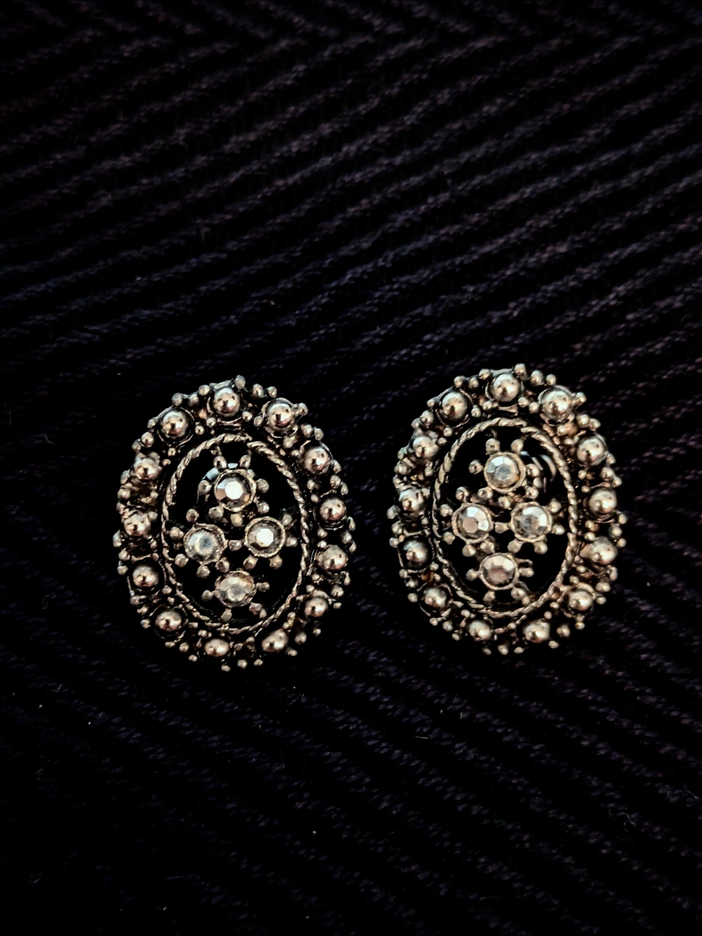Vintage 80s Victorian Revival Oxidized Silver Tone Rhinestone Oval Button Earrin
